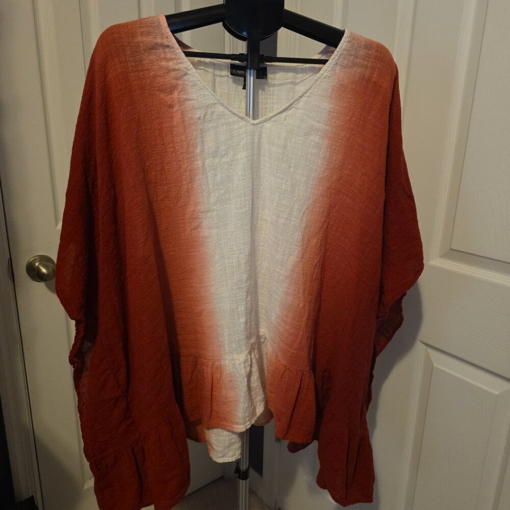 Lane Bryant Womens Blouse Size 26/28 Red Dip Dye Ombre Poncho Ruffle Hem V-Neck